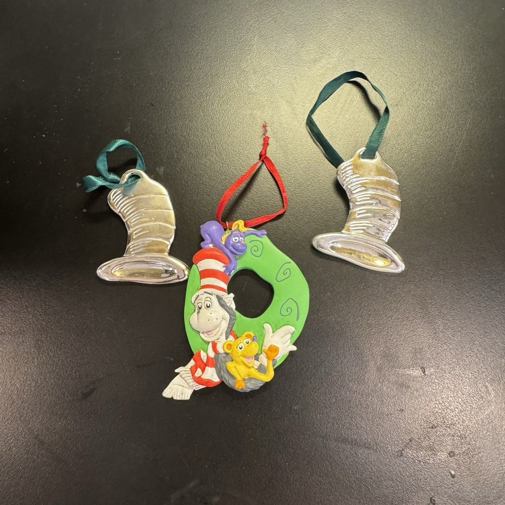 3 Dr Suess Christmas Ornament Cat in the Hat Thing 1 Thing 2 & 2 Metal Hats